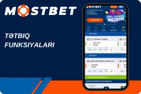 Mostbet tətbiqinin funksiyaları və canlı mərclər göstərilən mobil ekran.