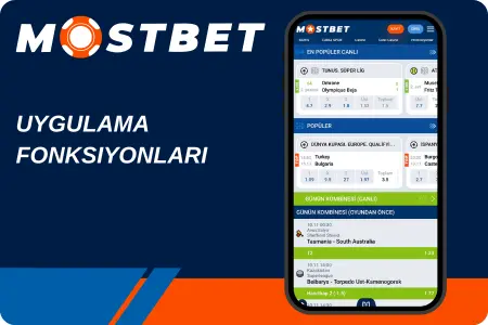 Mostbet logosu, "UYGULAMA FONKSİYONLARI" yazısı ve canlı bahis ekranı gösteren telefon görüntüsü