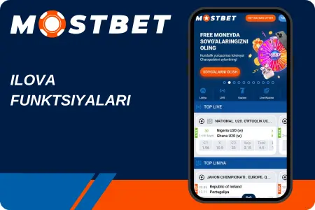 Mostbet ilovasi xususiyatlari va jonli tikish ko'rsatilgan mobil ekran.