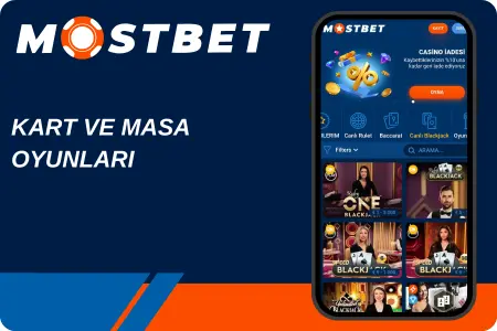 Mostbet kart ve masa oyunları, "KART VE MASA OYUNLARI" başlığı ve canlı blackjack-rulet ekranları