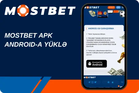 Mostbet APK-nın Android üçün yüklənmə təlimatı və “Download for Android” düyməsi.