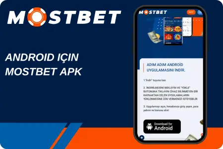 Mostbet Android APK indirme talimatları, "ANDROID İÇİN MOSTBET APK" başlığı ve indirme butonu
