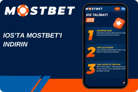 Mostbet iOS indirme adımları, "İOS'TA MOSTBET'İ İNDİRİN" yazısı ve 3 adımlı talimat görseli