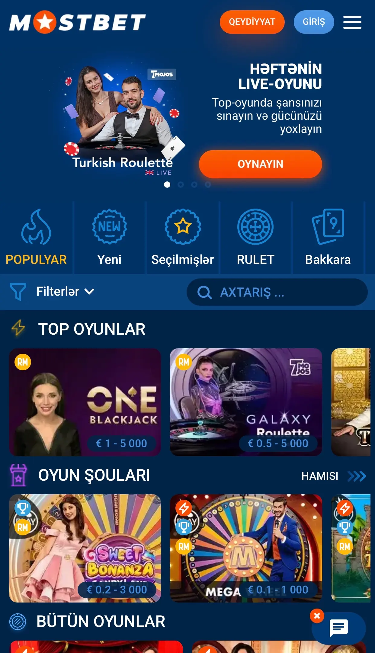Mostbet mobil tətbiqi - Türk Ruleti canlı oyun banneri,