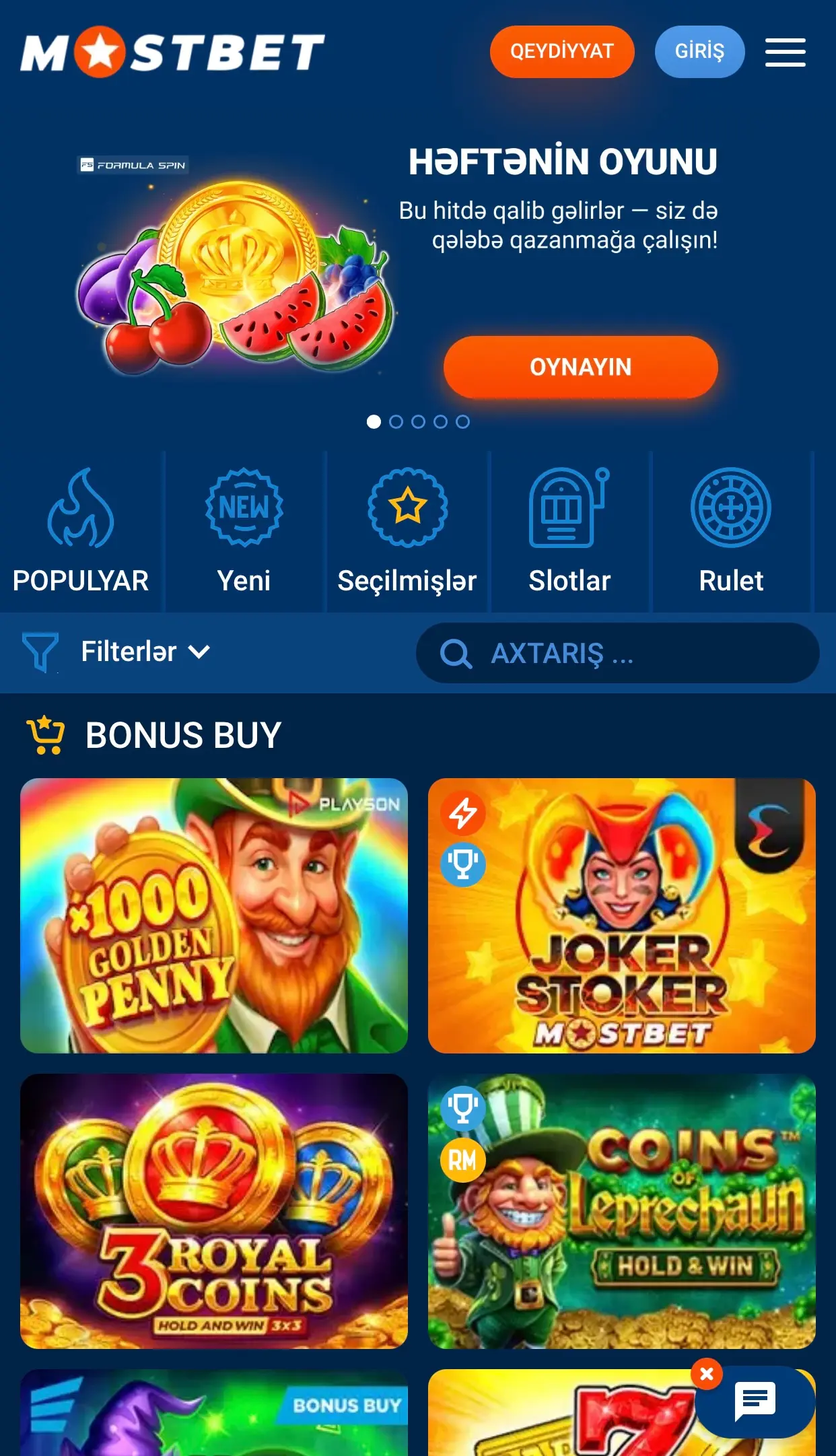 Mostbet slotlar - Formula Spin, Golden Penny, Joker Stoker kimi bonus buy oyunları