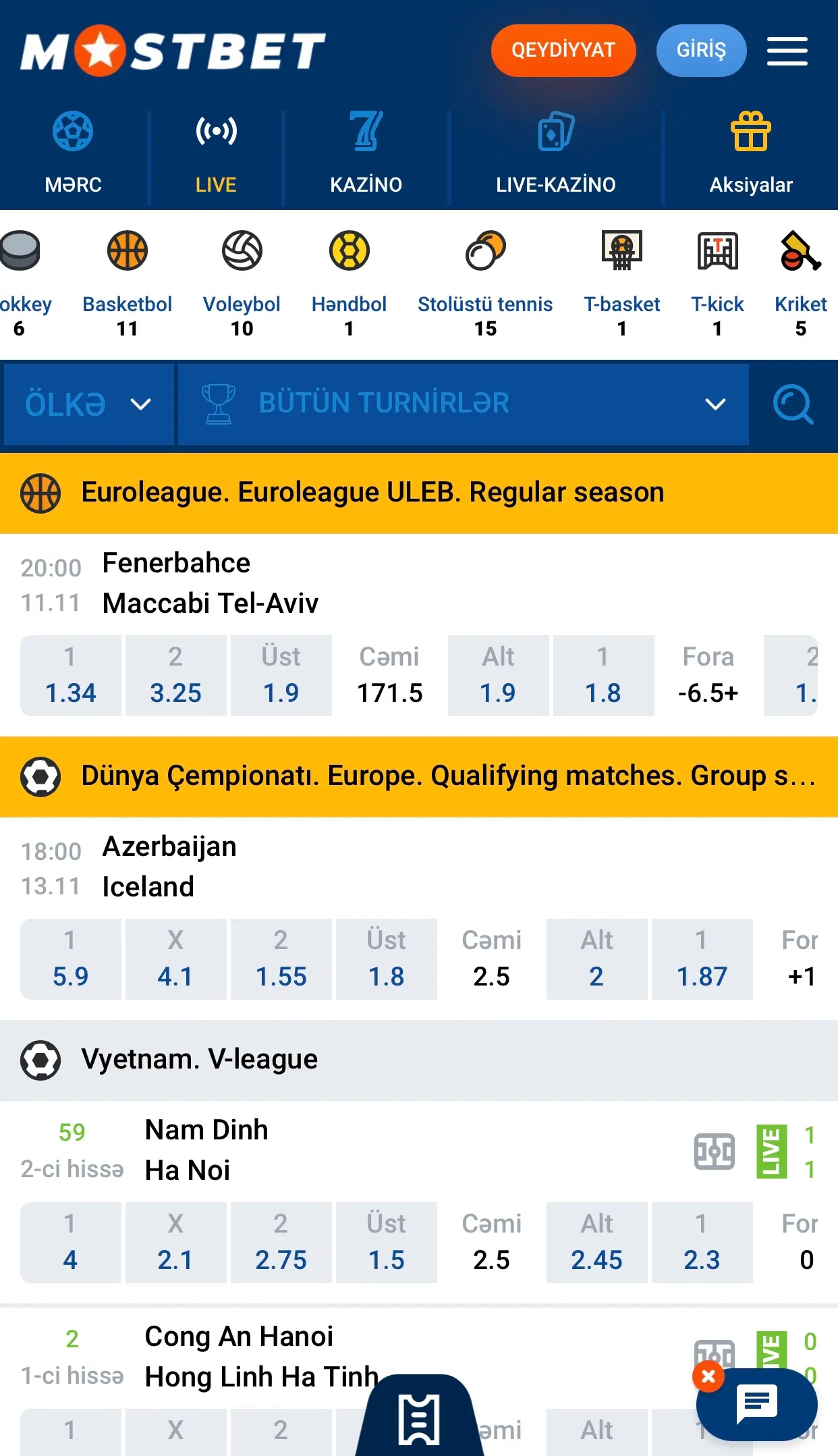 Mostbet idman mərcləri - Euroleague və Dünya Çempionatı matçları, Azərbaycan - İslandiya oyunu ilə