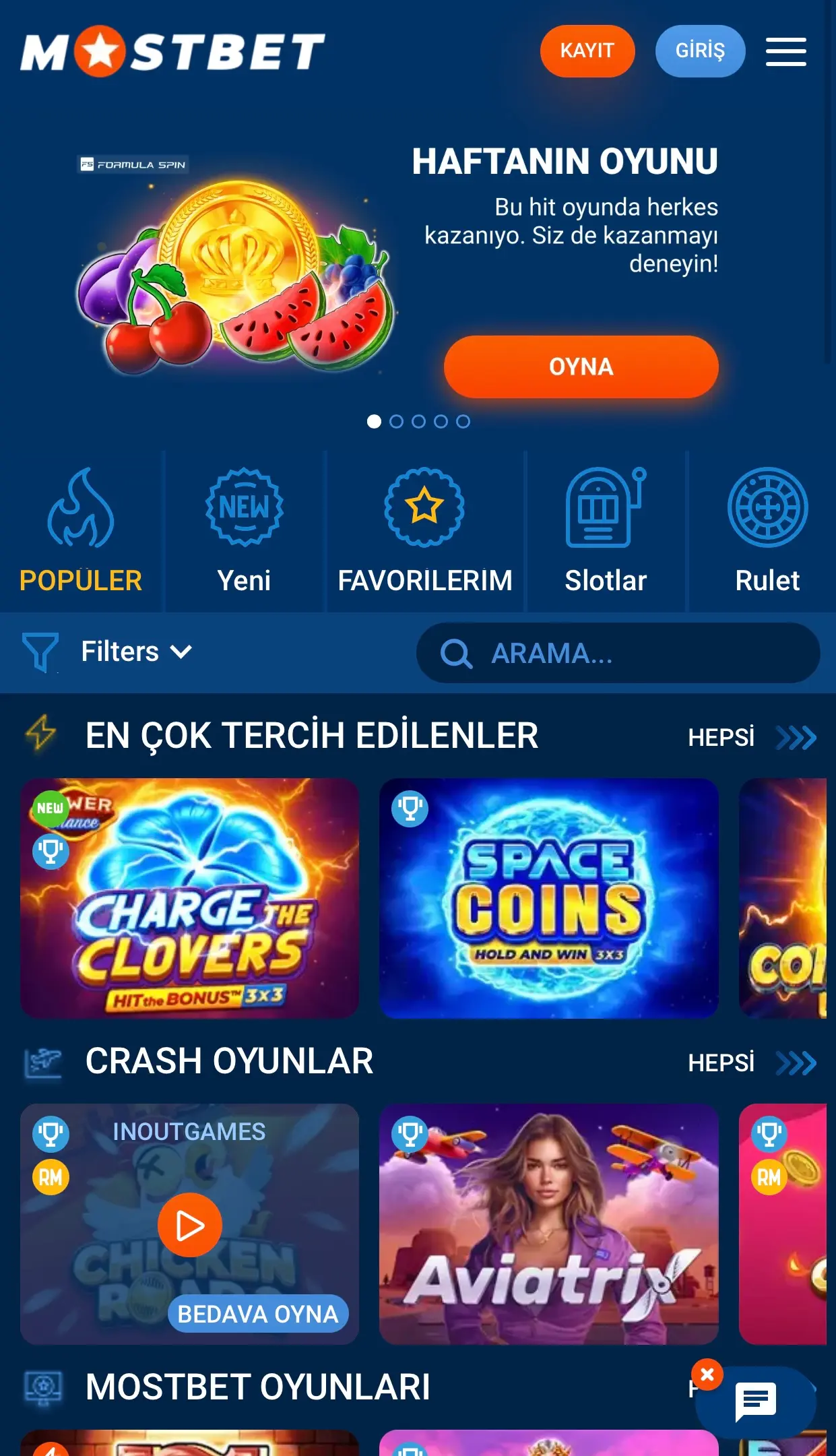 Mostbet casino bölümü: Haftanın oyunu Formula Spin, popüler slotlar Charge The Clovers ve Space Coins, crash oyunları Aviatrix bedava oyna
