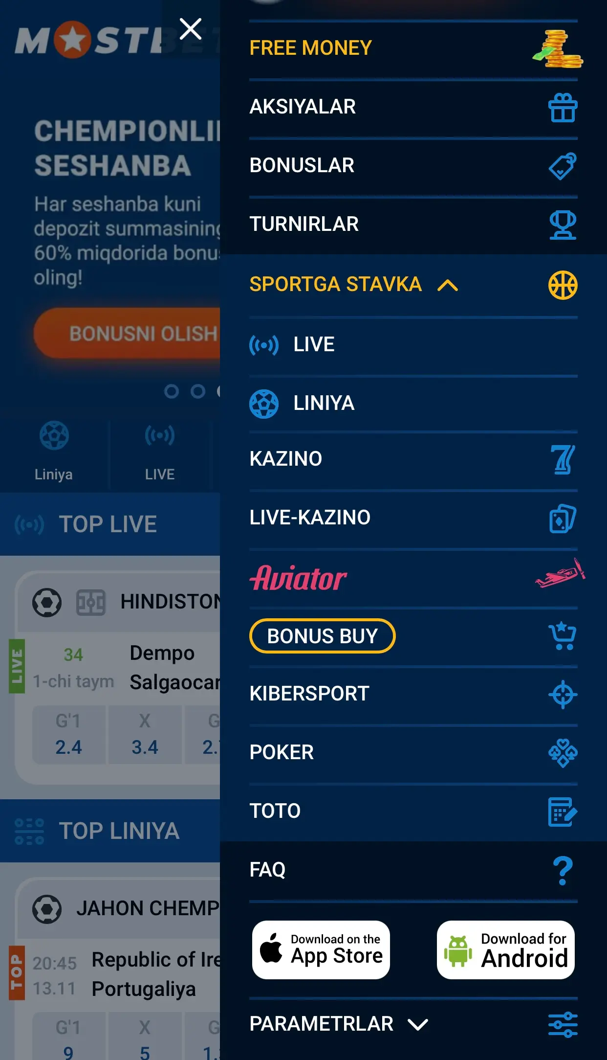 Mostbet ilovasi menyusi — sport tikishlari, jonli kazino, Aviator va bonuslar, O‘zbekiston uchun
