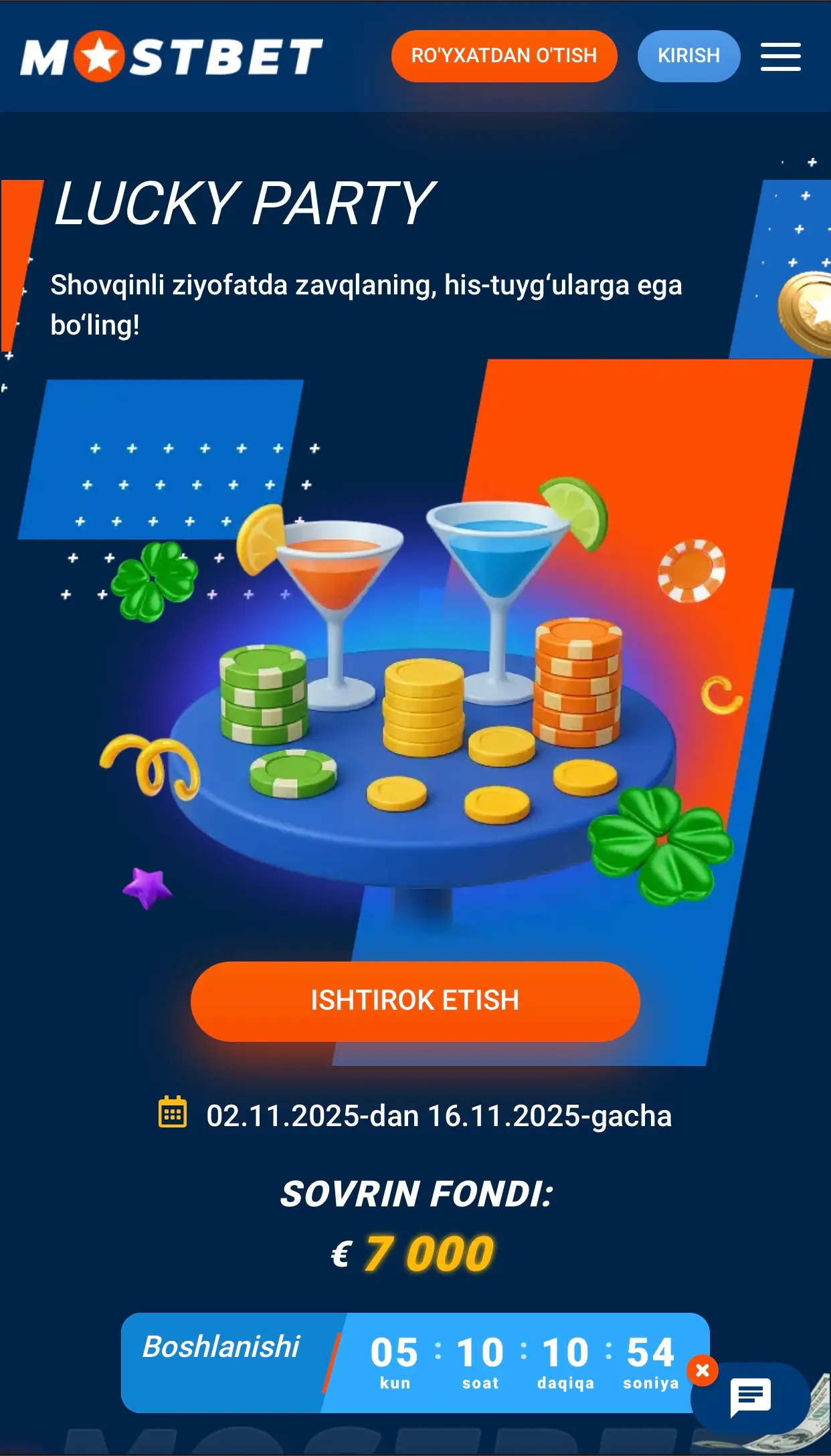 Mostbet Lucky Party turniri — 02.11–16.11.2025, 7000€ sovrin fondi, O‘zbekiston uchun