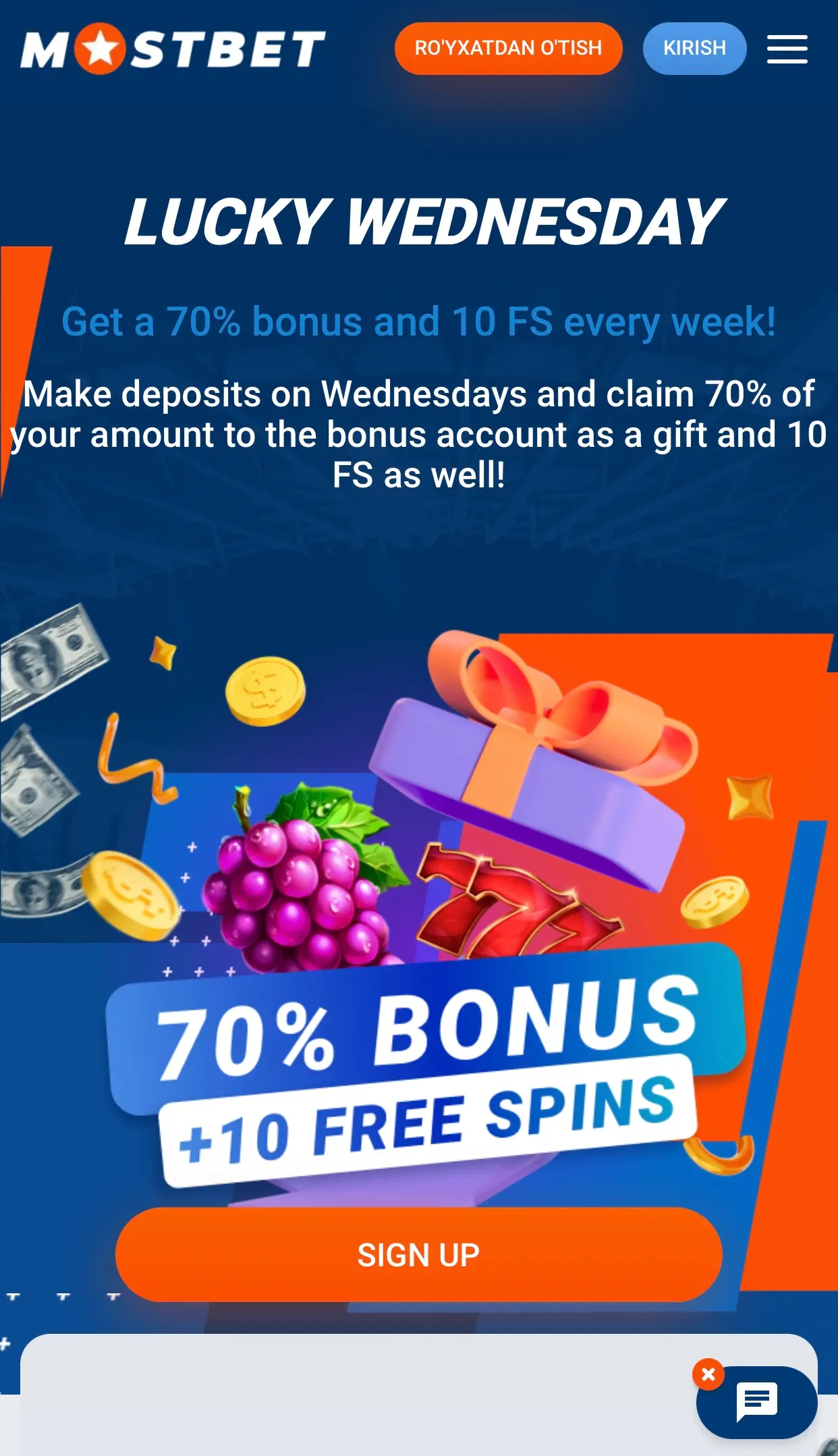 Mostbet Lucky Wednesday aksiyasi — chorshanba depozitiga 70% bonus + 10 FS, O‘zbekiston uchun
