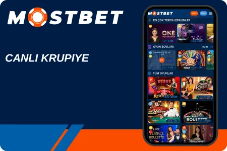Mostbet canlı krupiye oyunları, "CANLI KRUPİYE" yazısı ve popüler canlı casino masaları listesi