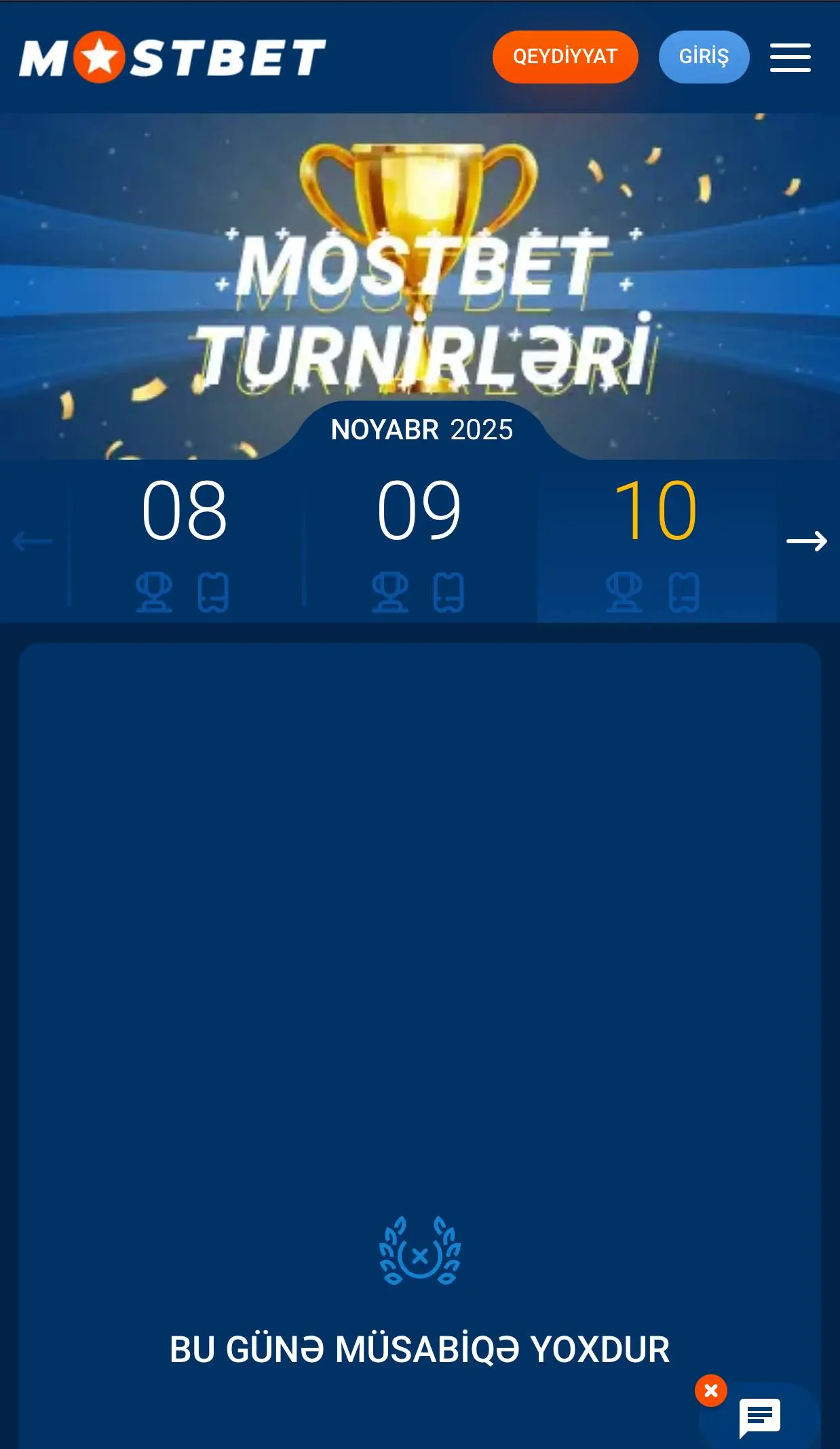 Mostbet turnirləri noyabr 2025 - qızıl kubok və konfeti ilə banner, geri sayım taymeri