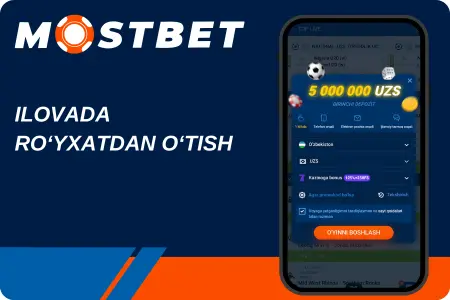 Mostbet-da ro'yxatdan o'tish - 5 000 000 UZS bonus taklifi bilan ro'yxatdan o'tish sahifasi, "O'yinni boshlash" tugmasi