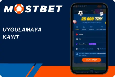 Mostbet logosu, "UYGULAMAYA KAYIT" yazısı ve 25.000 TRY hoş geldin bonusu ile kayıt ekranı gösteren telefon