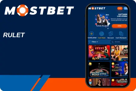 Mostbet rulet bölümü, "RULET" başlığı ve canlı rulet oyunları önizlemeleri gösteren telefon ekranı