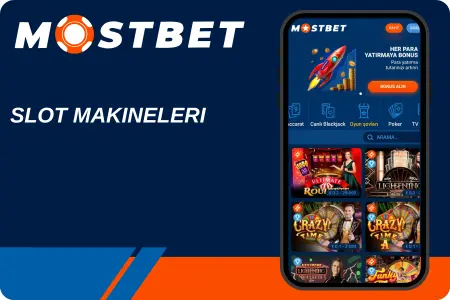 Mostbet slot makineleri bölümü, "SLOT MAKİNELERİ" başlığı ve popüler slot oyunları önizlemeleri